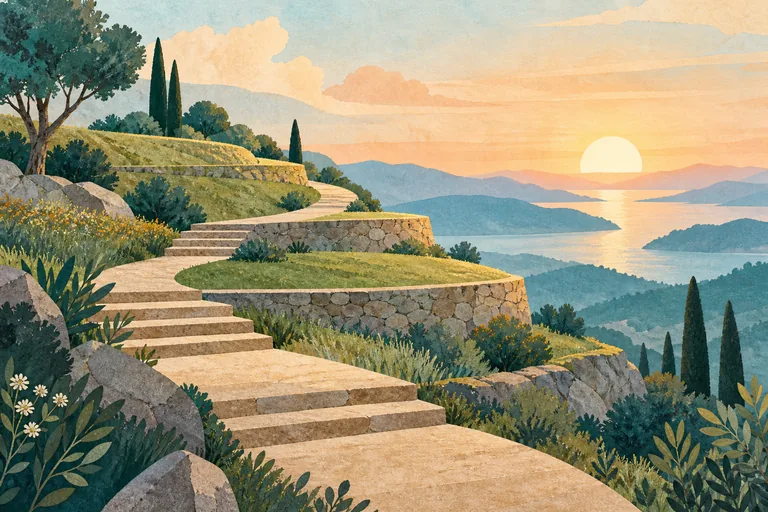 An illustrated path leading through terraces toward an open horizon.