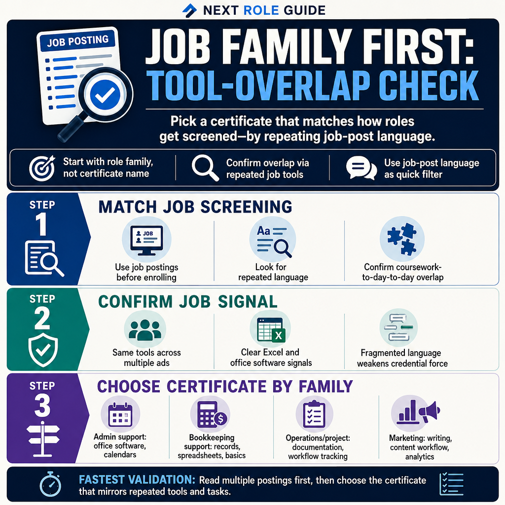 Decision ladder that starts with job family, then filters certificate choice using repeated tools and responsibilities found in job ads.